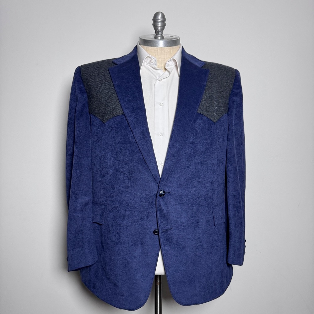Pagano West Sport Coat Mens 50R Blue Solid Western Faux Suede Herringbone Yoke‎